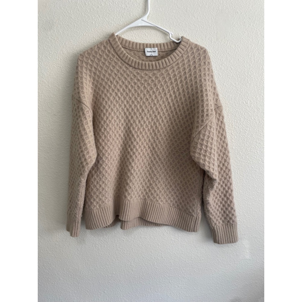 Sunday Best Sweater Women Medium Tan Beige Excellent Honeycomb Waffle Crew Neck